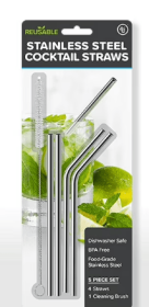 4th Utensil Reusable Stainless Steel Cocktail Straws + Cleaning Brush, 6 Inches, 4 Pack
