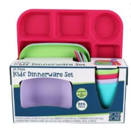 Your Zone 24-Piece Plastic Square Dinnerware Set for Kids with 4 Each Trays, Bowls, Plates, Cups, Forks, Spoons in Pink, Purple, Aqua, Green