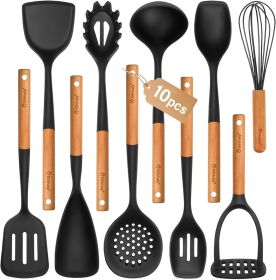 Large Silicone Cooking Utensils Set, 10Pcs Nonstick Kitchen Utensil Set with Wooden Handle, Heat Resistant Silicone Utensils for Cooking