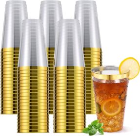 300 Pcs 16 Once Disposable Gold Rimmed Plastic Cups Heavy Duty Elegant Fancy Disposable Hard Plastic Cups With Gold Rim For Wedding Parties Festivals