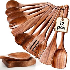 Wooden Spoons for Cooking, 12 Pcs Nonstick Wooden Cooking Utensils Set with Comfort Grip – 100% Natural Teak Wood - Sturdy