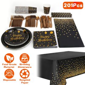 201PCS Black Gold Birthday Party Supplies For 25 Guests Happy Birthday Disposable Dinnerware Set Paper Plates 9OZ Cups Straws Napkins Forks Knives Spo