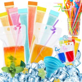 351Pcs Disposable Summer Tableware Kit 50 Pcs Drink Pouches with 100 Straws 200 Pcs Ice Popsicle with A Funnel Reusable Stand Up Liquid Pouches Cockta
