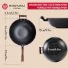 WANGYUANJI 14.2" Cast Iron Wok, Craft Wok Chinese Wok, Flat Bottom Iron Woks with Class Lid, Fry Pan Suitable for Induction, Electric, Gas