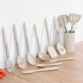 Silicone Cooking Utensils Set of 15, Kitchen Utensils Set with Holder for Nonstick Cookware, 446°F Heat Resistant Stainless Steel Handle - Khaki