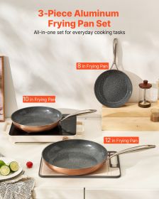 3 Piece Frying Pan Aluminum Skillet Set 8 10 12 in Handle Pre-Seasoned Grey