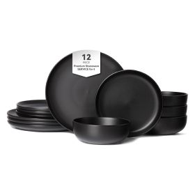 12-Piece Stoneware Dinner Plates Bowls Sets | Microwave & Dishwasher Safe | Non-Toxic Dinner Plates Bowls Set | Stackable Matte Glaze Kitchenware for (Main Color: Black, Main Material: Stone)