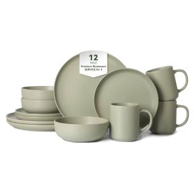 12-Piece Stoneware Dinnerware Sets with Mugs | Microwave & Dishwasher Safe | Non-Toxic Dinner Plates Bowls Set | Stackable Matte Glaze Kitchenware for (Main Color: Green, Main Material: Stone)