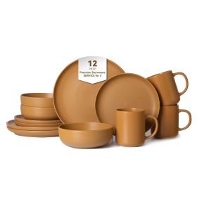 12-Piece Stoneware Dinnerware Sets with Mugs | Microwave & Dishwasher Safe | Non-Toxic Dinner Plates Bowls Set | Stackable Matte Glaze Kitchenware for (Main Color: Orange, Main Material: Stone)