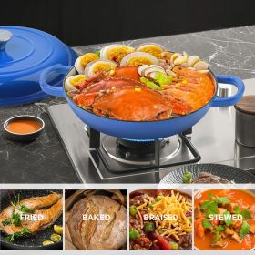 The enamel cast iron soup pot features a convex lid design and is suitable for cooking, baking and refrigerator (Color: Blue)