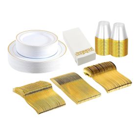 175Pcs Disposable Gold Dinnerware Set Gold Rim Plastic Plates Cups Fork Spoon Knife Paper Napkins for Party Wedding Graduation (Color: Yellow, size: One Size)